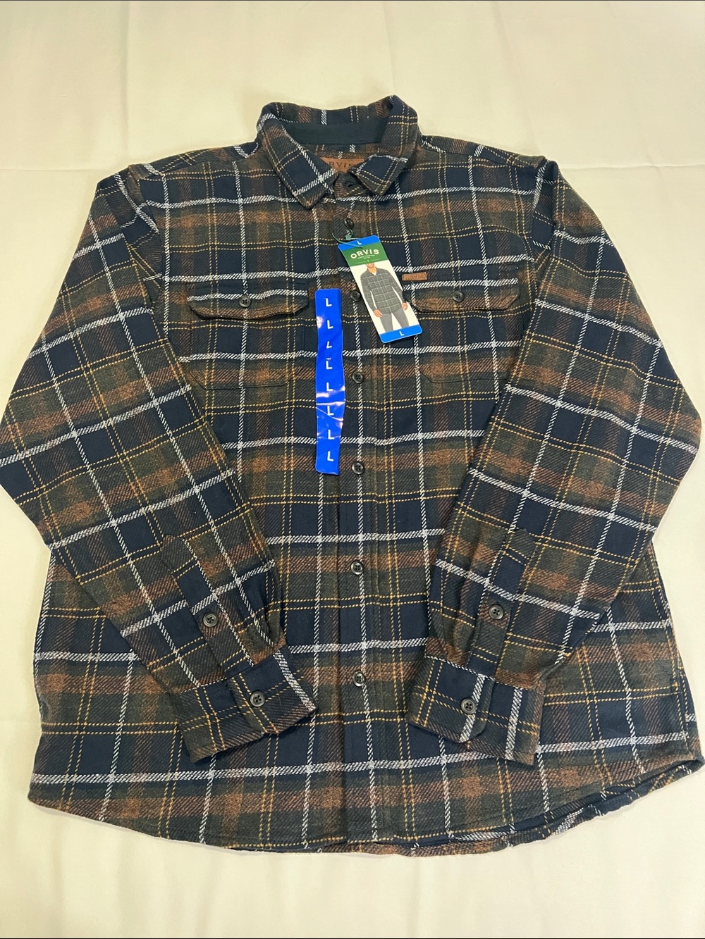 Orvis Men's Navy and Brown Plaid Flannel Button-Down Shirt